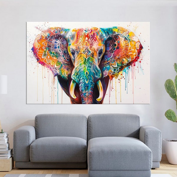 Elephant painting print Abstract Indian canvas wall art Modern art Elephant print Yoga decor Colorful elephant Light large wall art