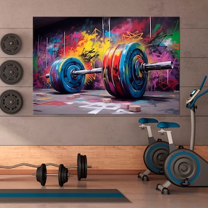 Gym canvas wall art Barbell graffiti print Weightlifting decor Sport Motivational poster Fitness wall art Home gym decor Large wall art