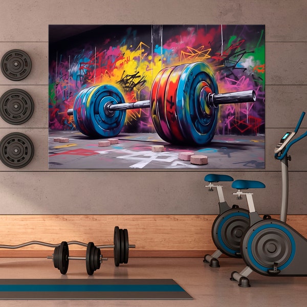 Gym canvas wall art Barbell graffiti print Weightlifting decor Sport Motivational poster Fitness wall art Home gym decor Large wall art