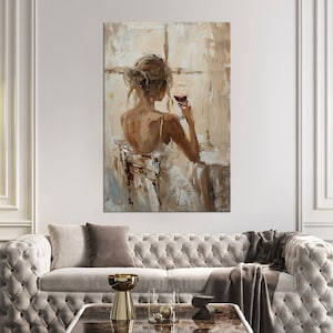 Abstract oil painting woman with glass of wine canvas print Wine Lover Gift Modern Wine wall decor Housewarming gift Large Original Wall Art