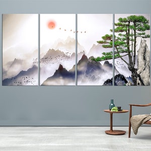 Cuadro decorativo de montaña japonesa, lámina de paisaje asiático, decoración de gran tamaño, panel para sala de estar.