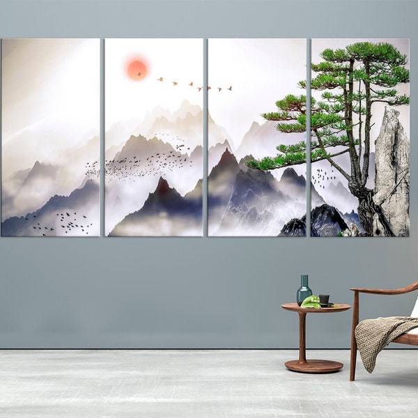 Japanese canvas print Japan home decor Mountain wall art Japanese painting asian wall art Mountain print bedroom Extra large wall art