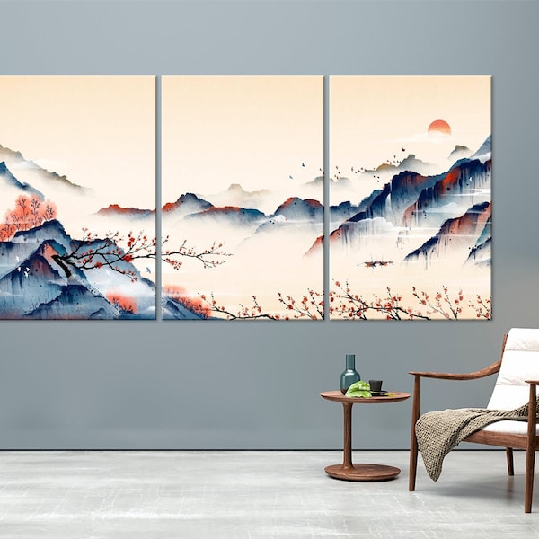 Japanese canvas wall art Mountain print Chinese landscape painting print Asian art Oriental painting Chinese wall decor Living room wall art