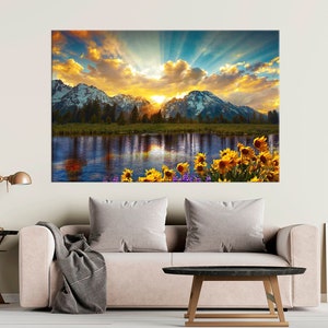 Mountain canvas wall art Landscape print Nature wall decor Sunflowers Large canvas art Mountain flowers print Mountain sunset canvas