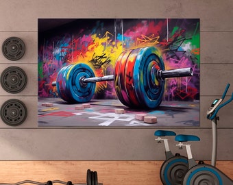Gym canvas wall art Barbell graffiti print Weightlifting decor Sport Motivational poster Fitness wall art Home gym decor Large wall art