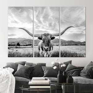 Cow print Black white Texas Longhorn canvas art Farmhouse Decor Rustic wall art Western decor Longhorn cow poster Texas Wall decor