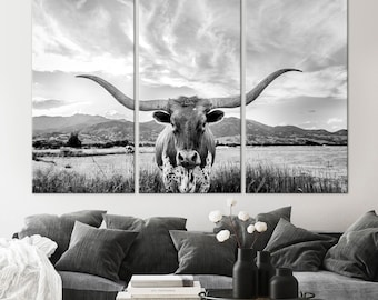 Cow print Black white Texas Longhorn canvas art Farmhouse Decor Rustic wall art Western decor Longhorn cow poster Texas Wall decor