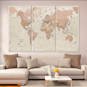 Art mural en toile carte du monde, impression de carte ancienne, décoration de salon ancienne, carte politique antique, cadeaux de voyage, grande décoration murale, cadeau de pendaison de crémaillère