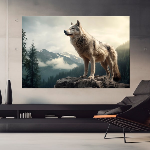Wolf canvas wall art Wildlife print Animal Man cave decor Wolf Painting White Wolf in forest Extra large wall art Modern Living room decor