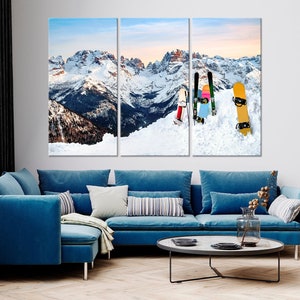 Snowboards And Ski canvas print Snow mountain wall art Winter sports Cool wall art Skiing Multi panel canvas Extreme Sports