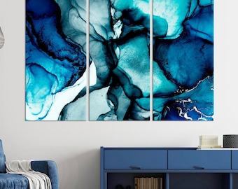 Navy Blue Marble Abstract Canvas Art, Modern Home Decor