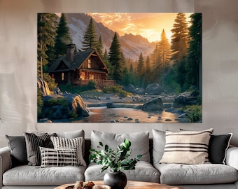 Hunting Lodge canvas wall art Forest print Mountain River Cabin Cozy Rustic wall decor Woodland Landscape Canvas Art Nature Large wall art