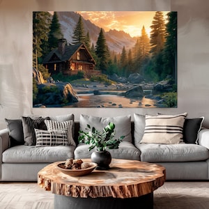 Hunting Lodge canvas wall art Forest print Mountain River Cabin Cozy Rustic wall decor Woodland Landscape Canvas Art Nature Large wall art