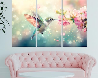 Hummingbird canvas wall art Bird Painting print Blue pink Tropical wall decor Pastel wall art Hummingbird Large art Spring Housewarming gift