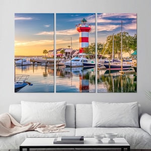 Lighthouse canvas wall art Hilton Head South Carolina print Boats on the dock Harbor Town Living room decor Large wall art Housewarming gift