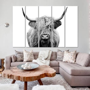 Highland cow canvas wall art Farmhouse decor Cow Black White print Rustic wall decor Animals painting Scottish cow Large Housewarming gift