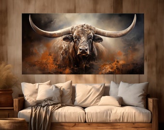 Texas Longhorn canvas wall art Cow print Farmhouse decor Longhorn Painting Man cave decor Modern Farmhouse cottage art Extra Large canvas