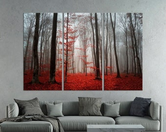 Forest canvas wall art Tree print Autumn forest canvas Red leaves wall decor Foggy Forest Red Tree art Nature Extra large wall art