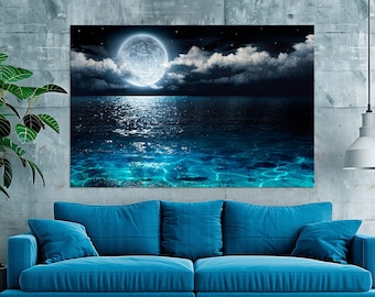 Moon Canvas Wall Art Full Moon print Moon over the sea art Cloud Moon Painting Living room Decor Extra large wall art Night Ocean canvas art