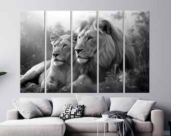 Art mural en toile lionne lionne impression noir blanc Art de toile famille Lion cadeau d'anniversaire pour couple amour impression animaux très grande art mural