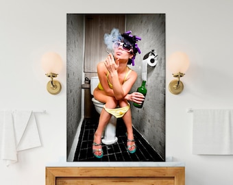 Girl Smoking Toilet canvas wall art Bathroom wall decor Fashion Girl Smoking print Girl on Toilet poster Restroom decor WC Large wall art