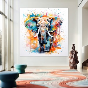 Arte de pared en lienzo de elefante, estampado de elefante en acuarela, pintura colorida de elefante africano, elefante abstracto, arte de pared moderno, decoración de pared de elefante