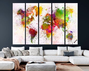 World map canvas wall art Watercolor map print Travel wall decor Abstract map Geography art Travel gifts Colorful world map Large canvas art