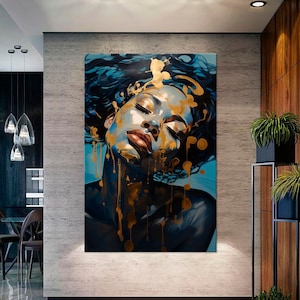 Beautiful women canvas wall art Dark indigo gold aquamarine print Modern art Сontemporary african american art Fashion living room decor