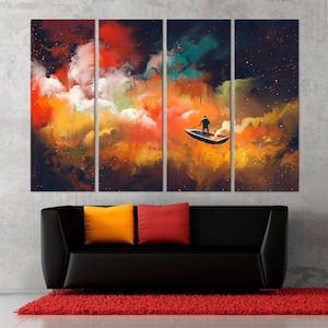 Abstract Cloud canvas wall art Space print Abstract art Man on boat print Surreal wall decor Vivid colorful Sky canvas art Modern wall decor