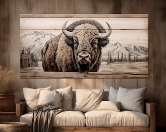 Bison canvas wall art American buffalo print Bison Original painting Rustic decor Farmhouse wall art Bison Wood background Large Wall Art