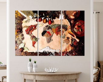 Spices world map canvas print Kitchen wall decor Food wall art Cooking gifts Restaurant decor Modern Kitchen large canvas art