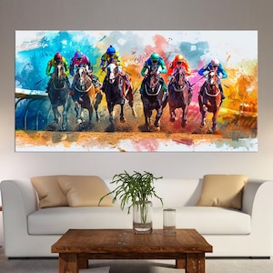 Horse racing with jockeys Canvas wall art Jockey print Equestrian decor Horseback riding Horse Painting Horse Rider Gift Large wall art