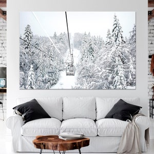 Ski lift canvas wall art Snow mountain print Pine forest decor Spruce Trees Nature print Winter landscape Skier Gifts Extra large wall art