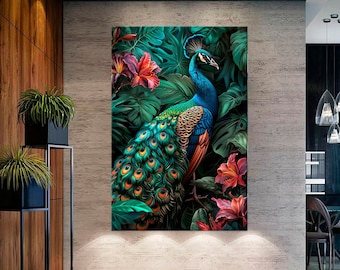 Peacock canvas wall art Peacock painting print Tropical wall decor Bird Original Wall Art Elegant peacock Modern living room decor Large art