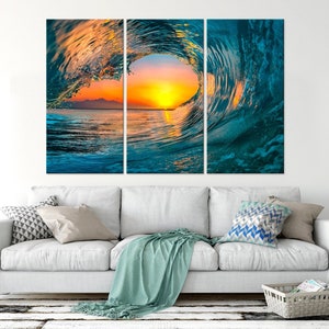 Ocean wave canvas print Sea wall art Surf wall decor Sunset Sea Beach print Multi panel canvas Wave Extra Large wall art