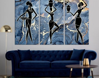 African American art Black Women print Blue Abstract painting African Canvas Modern art Living room wall decor African Girl Large wall art