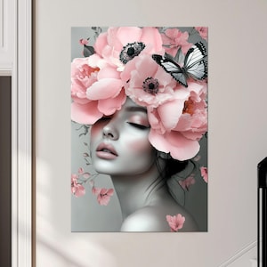 Woman flower head canvas wall art Woman painting Woman With Flowers print Female art Shabby chic Decor Modern art Large Housewarming Gift