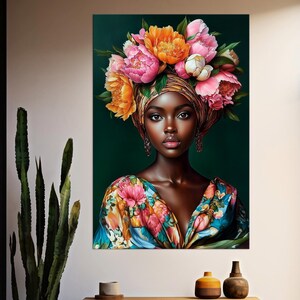 Black Woman Peony Hair Floral Painting, Vibrant Wall Art, Ready to Hang Home Decor