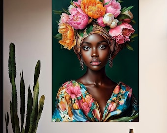 Black Woman Peony Hair Floral Painting, Vibrant Wall Art, Ready to Hang Home Decor