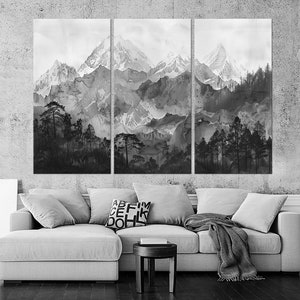 Abstract mountain canvas wall art Black white art Mountain Painting print Modern Living room decor Mountain forest Large canvas wall art