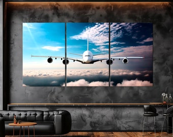 Airplane canvas wall art Aircraft Print Airplane in the sky Aviation wall art Plane print Man cave decor Extra Large Living room wall art