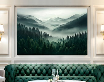 Art mural en toile forêt brumeuse impression de la nature forêt de montagne paysage brumeux décor de salon moderne pins impression grande toile