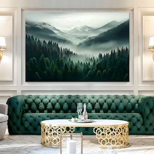 Foggy Forest canvas wall art Nature print Mountain Forest Misty Landscape Modern Living room decor Pine Trees print Large canvas art