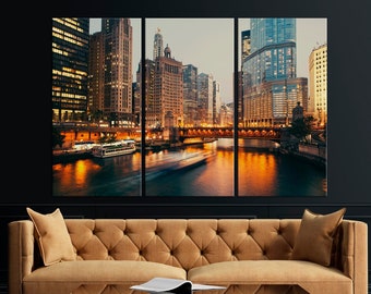 Chicago skyline canvas wall art Night city print Multi panel canvas City wall decor Chicago bridge Cityscape Extra Large wall art