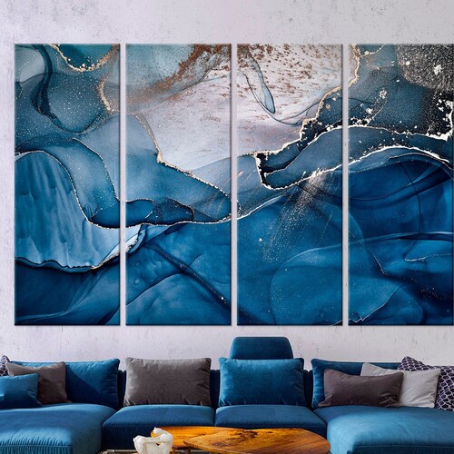 Abstract Painting Modern Wall Art Marble Canvas Print Blue Etsy