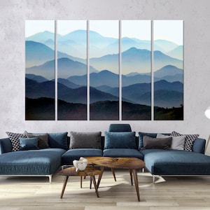 Mountain Canvas Wall Art Foggy Mountain Print Smoky Mountain modern Wall Decor Blue Mountain Foggy Landscape Extra large wall art