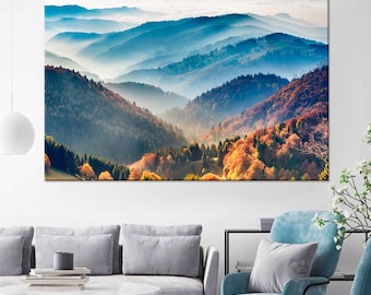Smoky Mountain Canvas Wall Art – Large Foggy Landscape Print, Ready to Hang Home Decor