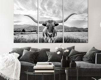 Texas Longhorn Cow Print Canvas Wall Art: Rustic Farmhouse Western Decor