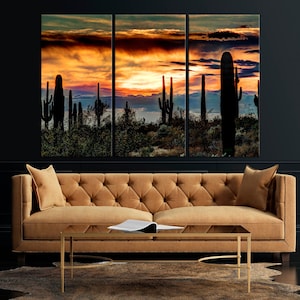 Arizona desert canvas wall art Landscape sunset Cactus canvas print Multi panel canvas Living room wall decor Large canvas art