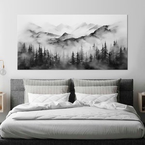 Foggy forest canvas wall art Misty mountain print Black White Watercolor painting Nature Modern Home Decor Abstract Woodland Large wall art
